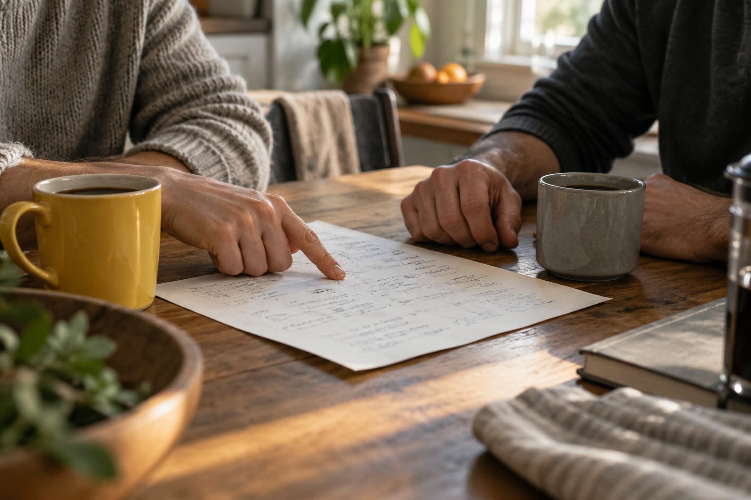 Two people at a kitchen table going over notes together